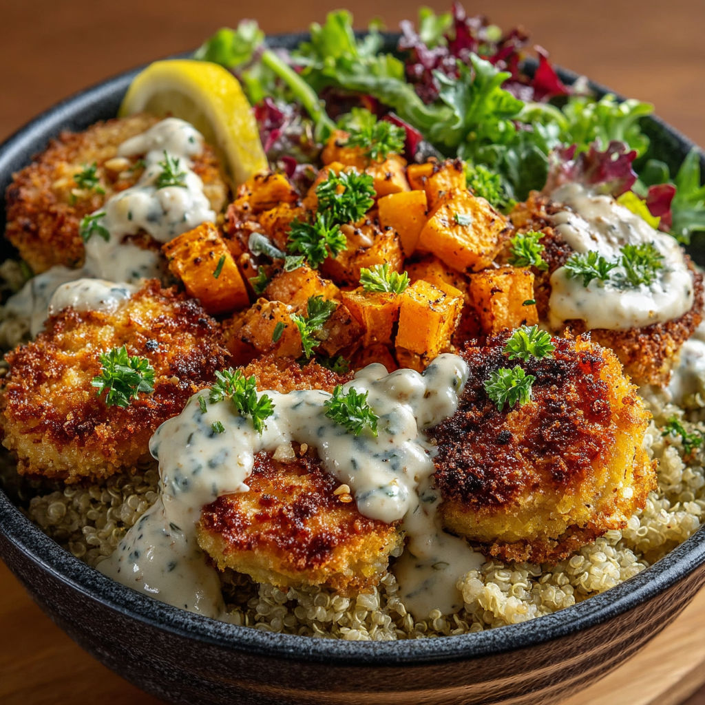 Un plat de patates douces et de chèvre panée.