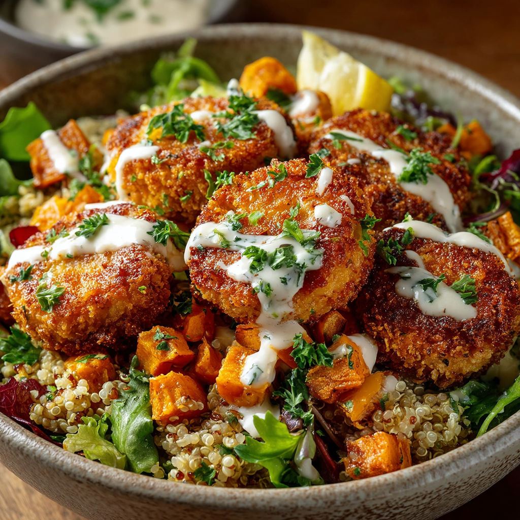 Une salade de patates douces et de chèvre panée dans un bol.