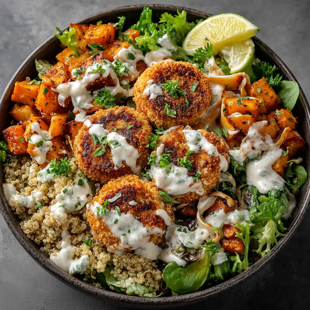 Une assiette de salade avec des légumes et des patates douces.