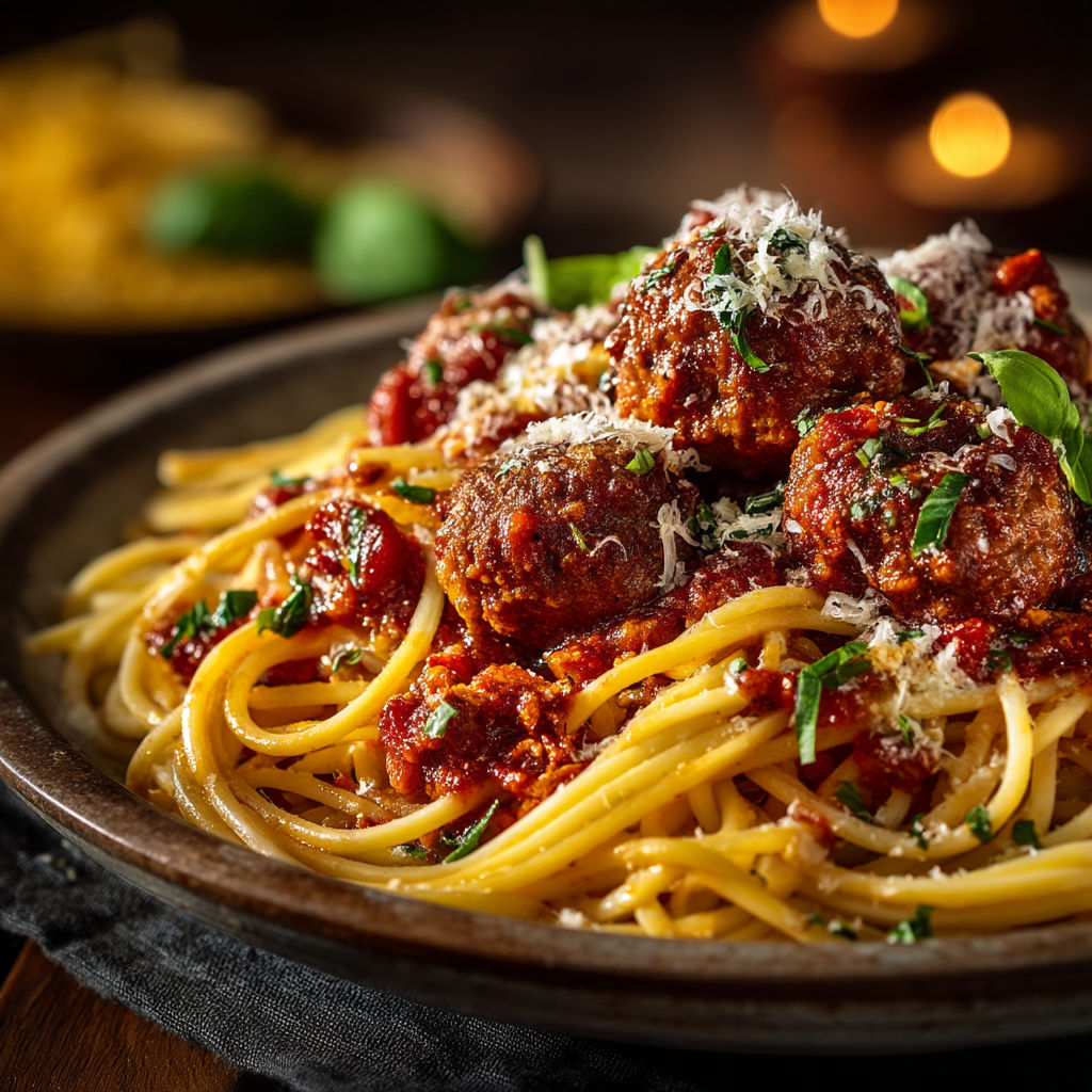 Une plate de spaghetti avec des boulettes de viande.