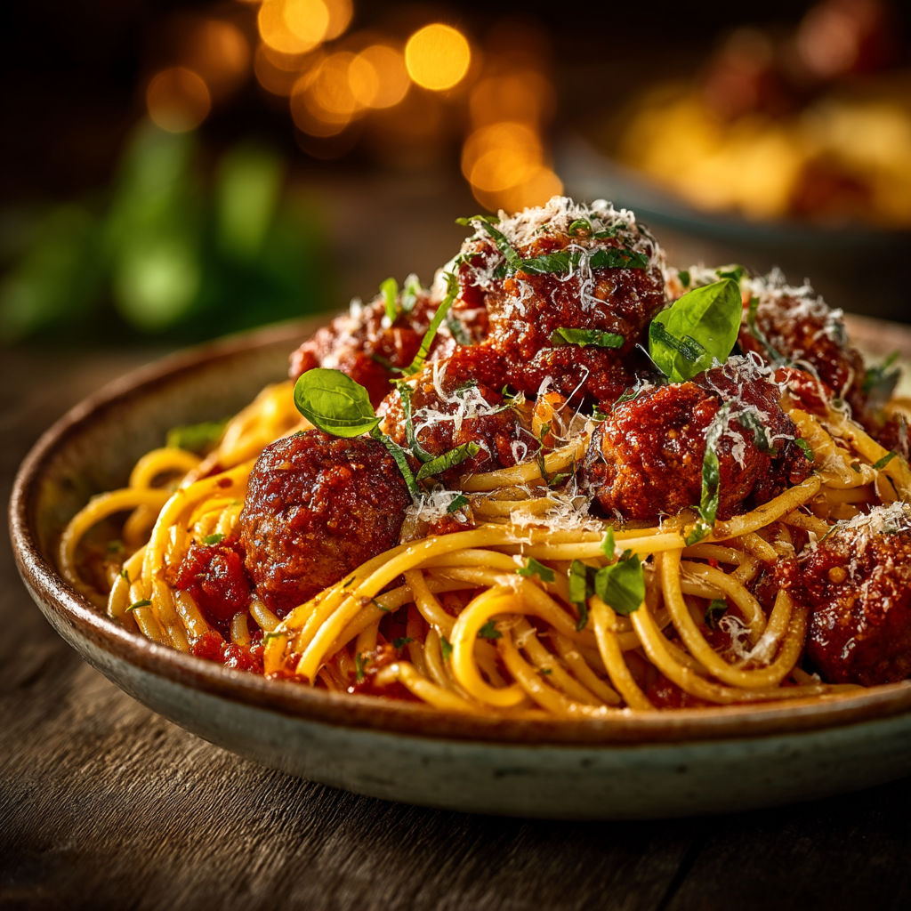 Une assiette de spaghetti avec des boulettes de viande.