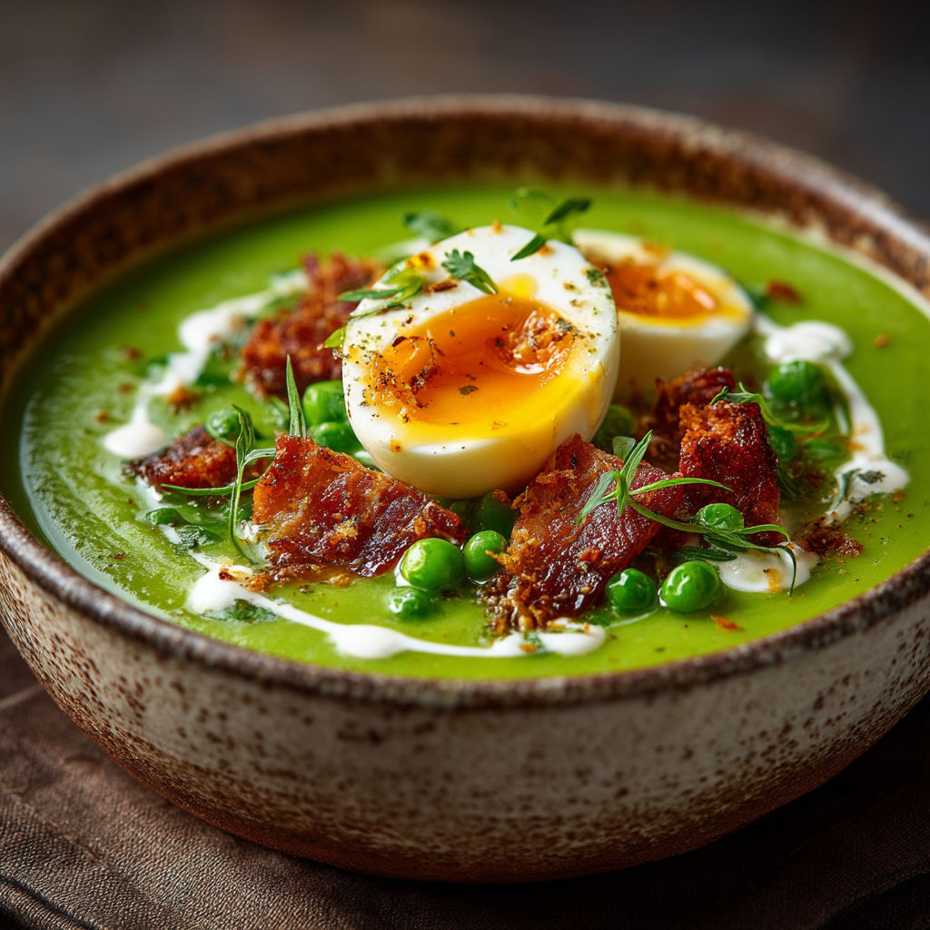 Une soupe verte avec des oeufs et des légumes.