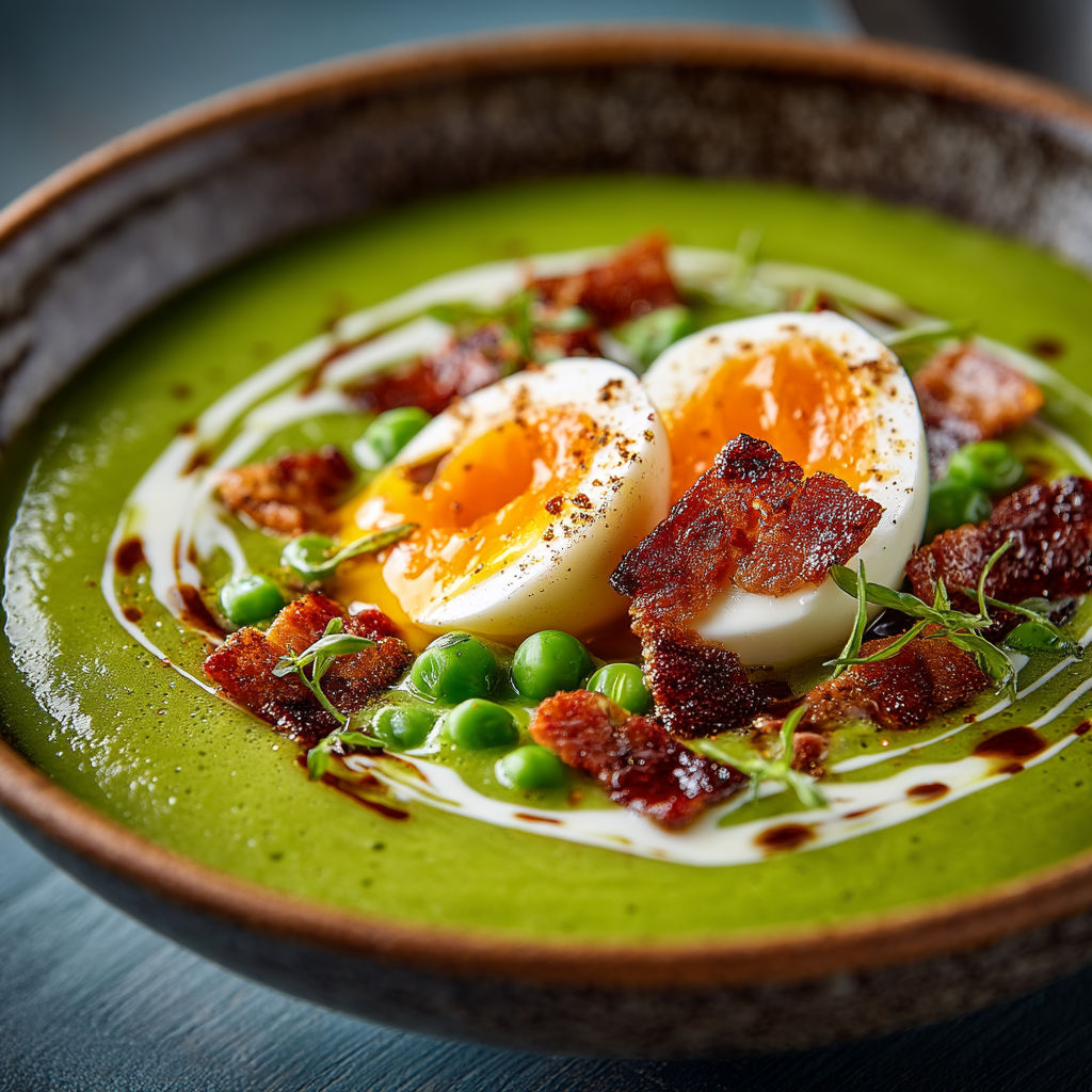 Une assiette de soupes vertes avec des oeufs et des légumes.