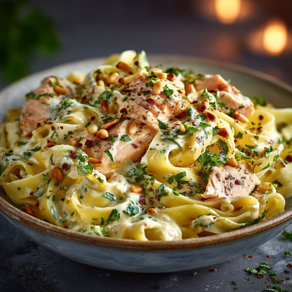 Une assiette de spaghetti avec des légumes et des poissons.