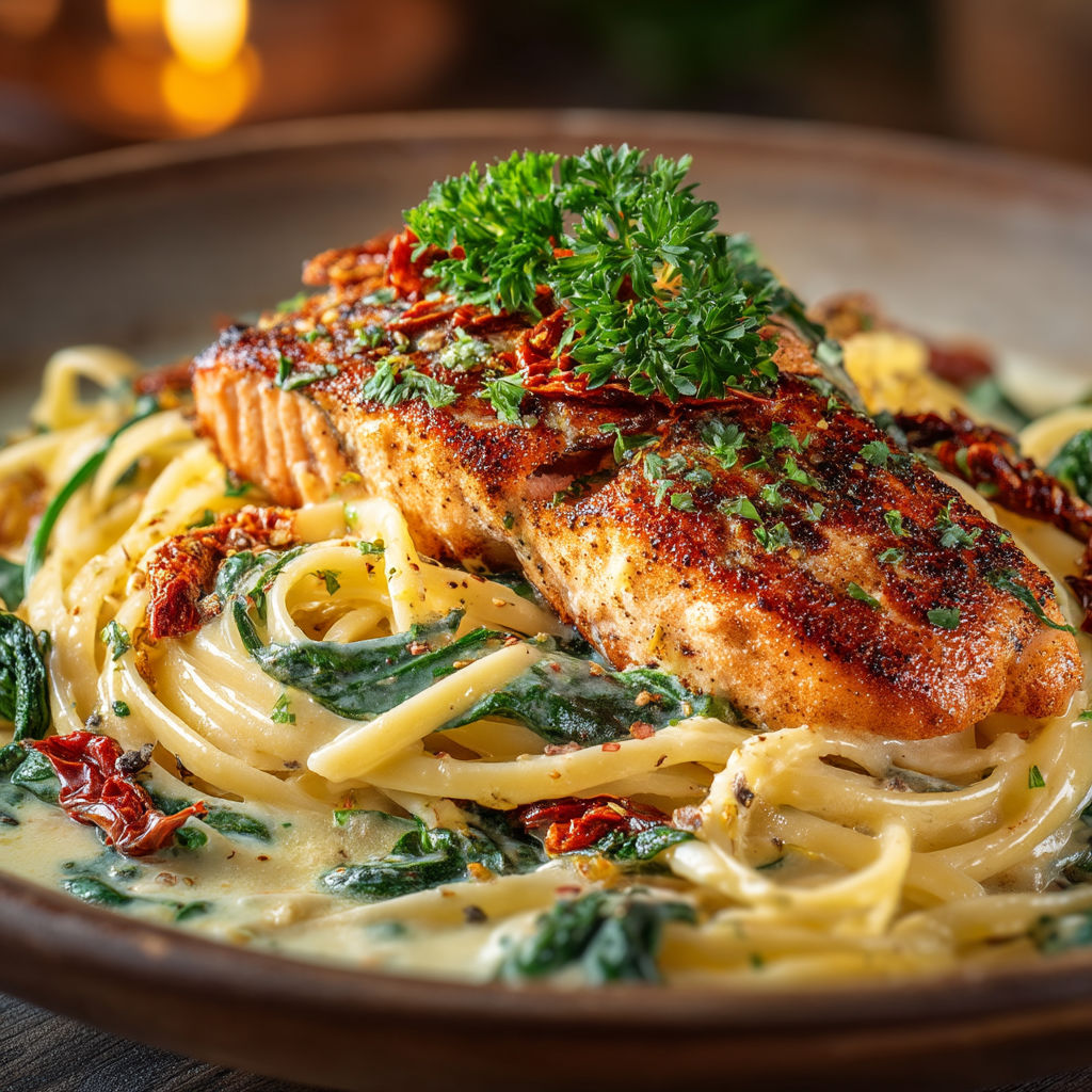 Saumon grillé avec des légumes verts et des herbes.