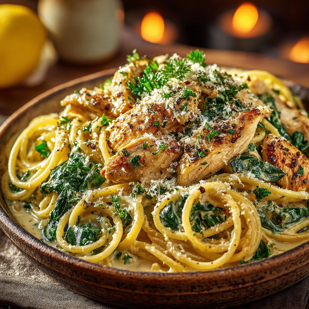 Spaghetti crémeuses au poulet & citron.