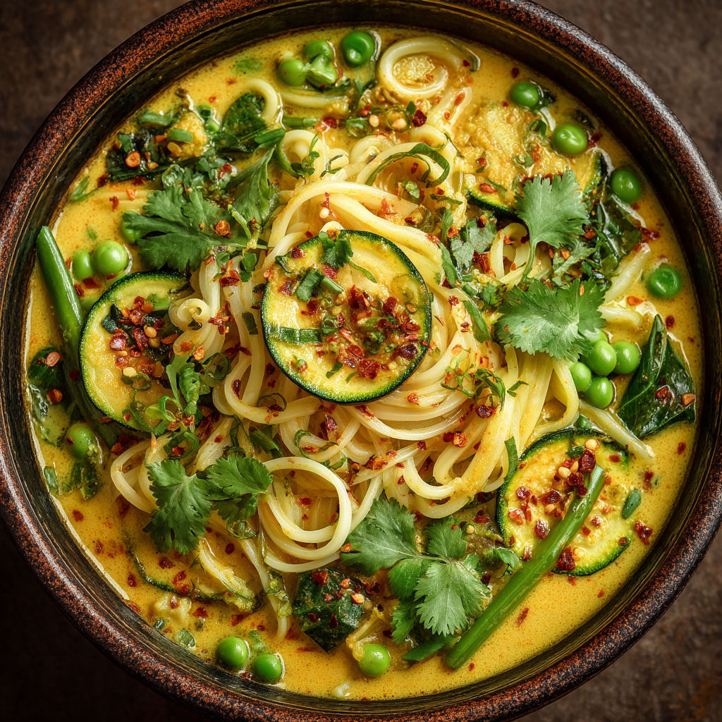 Un plat de noodles avec des légumes et des épices.
