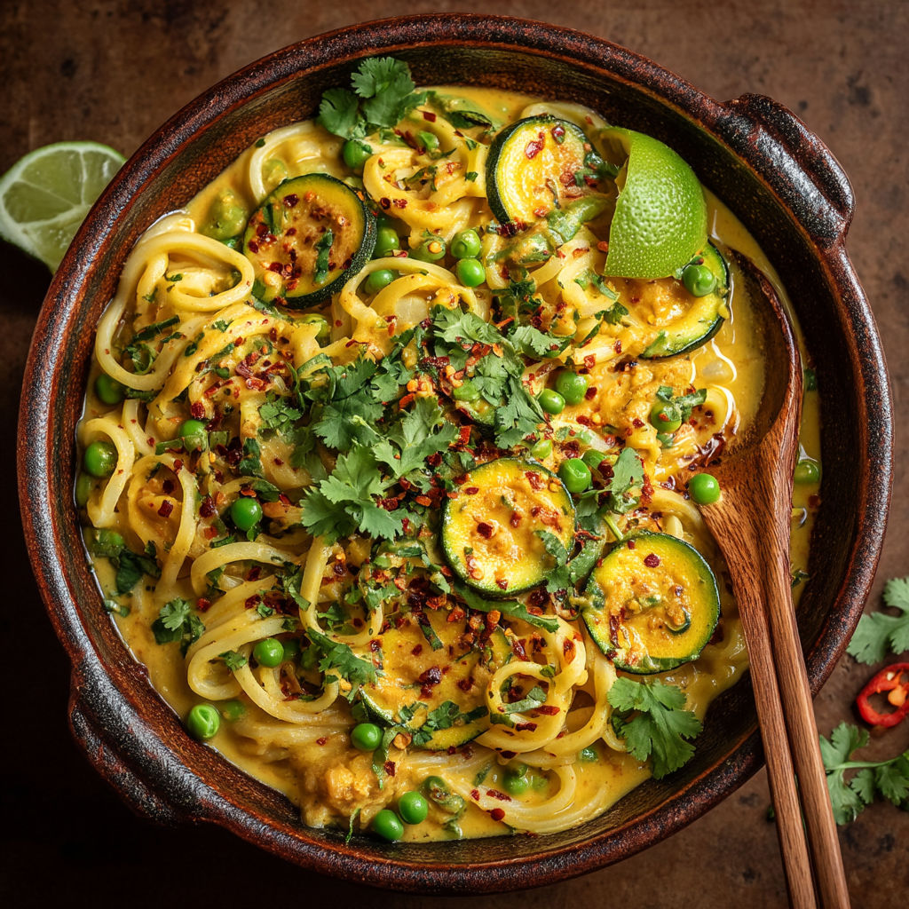 Une soupe de noodles avec des légumes verts et des épices.