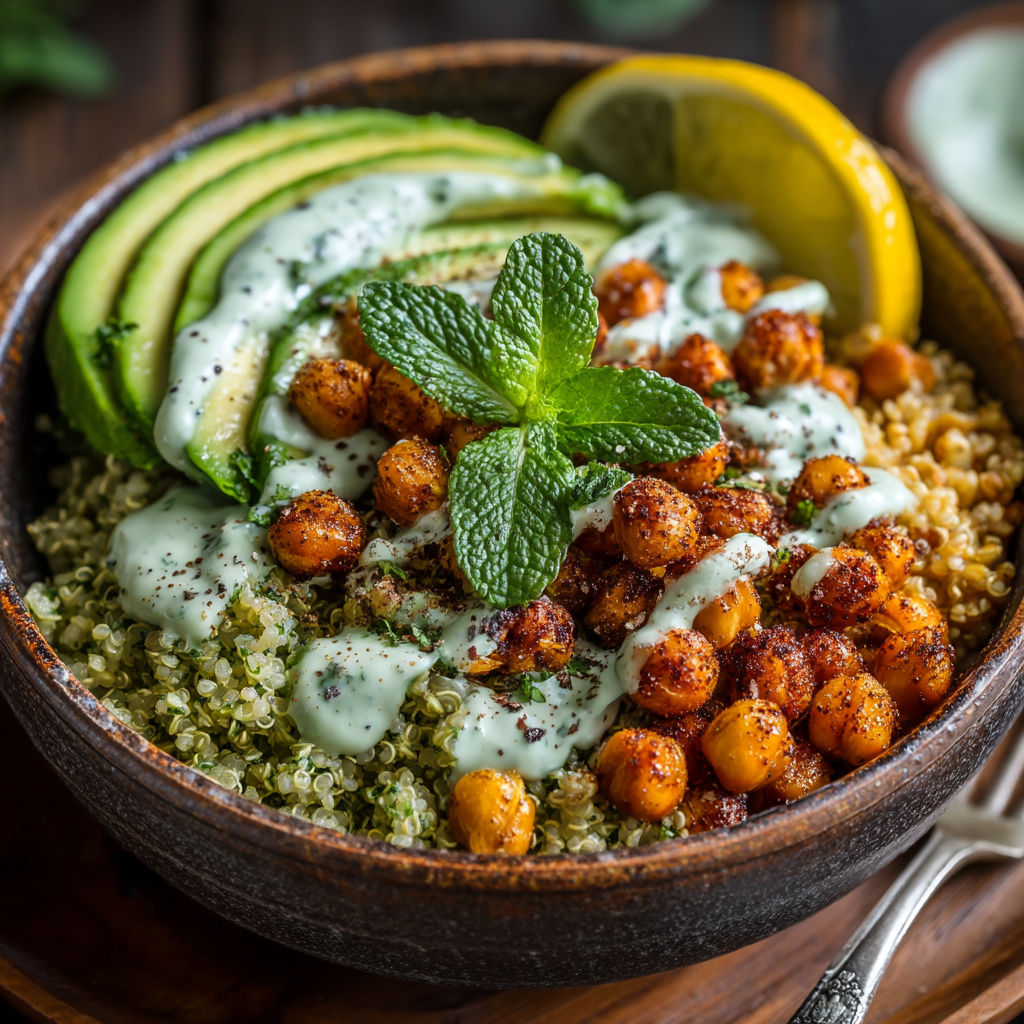 Une assiette de légumes et de graines avec une sauce blanche.