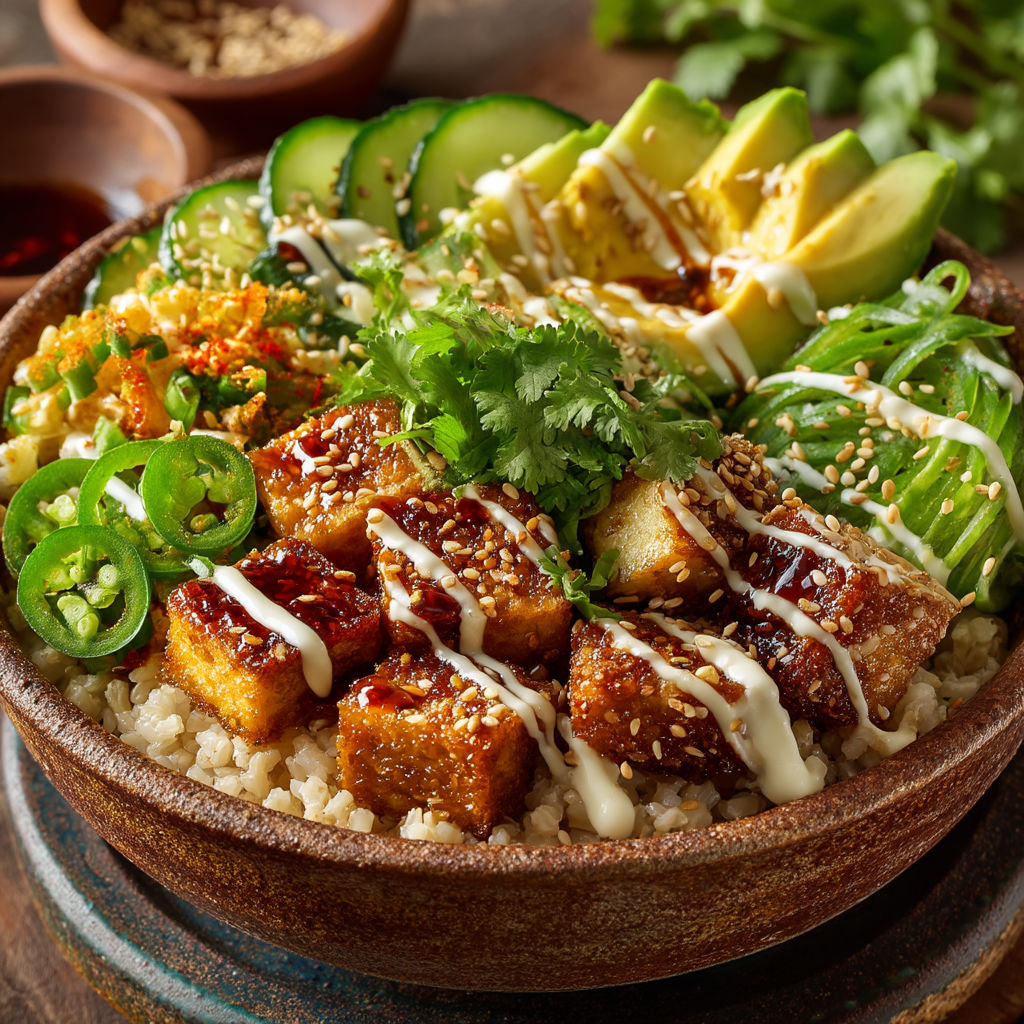 Un plat de sushi avec des légumes et des sauces.