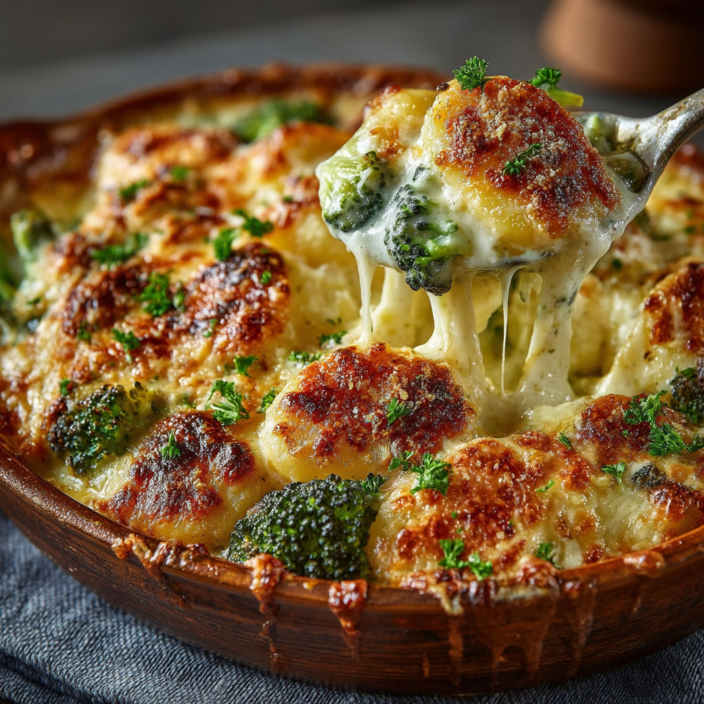 Une casserole de macaroni et brocoli.