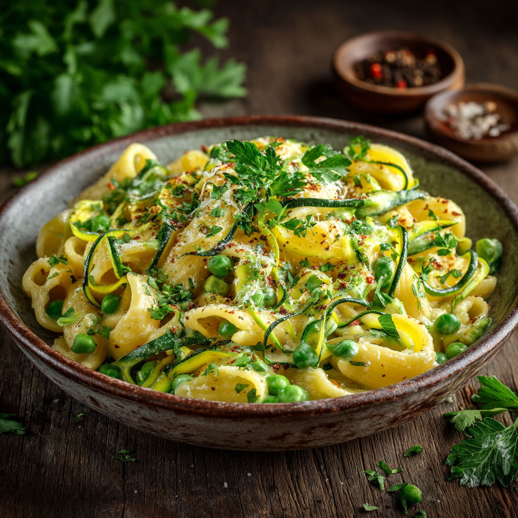 Une assiette de pâtes crémeuses avec des petits pois et des courgettes.