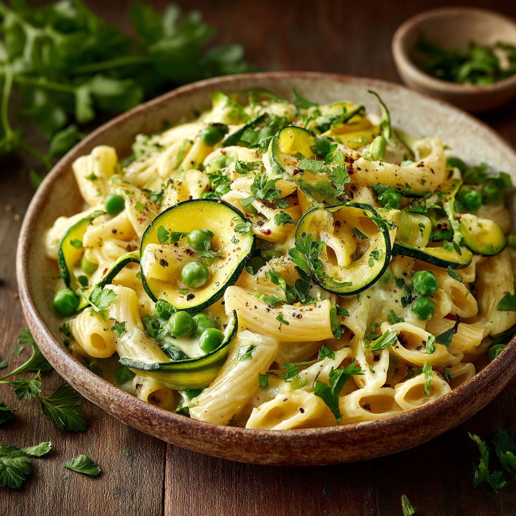 Une assiette de macaroni avec des légumes verts.