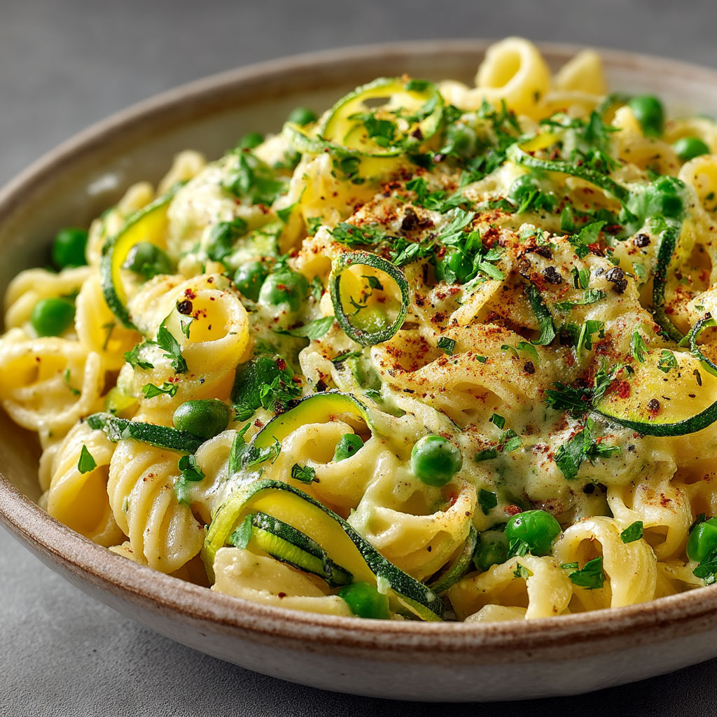 Une assiette de spaghetti avec des légumes verts.