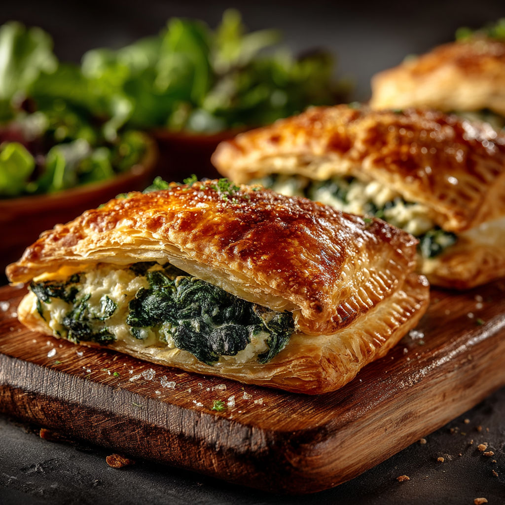 Une plaque de bois avec des quiches et des salades.