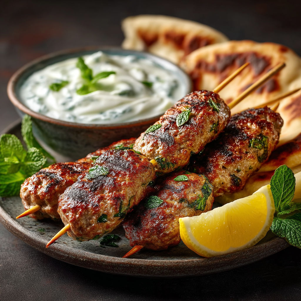 Des brochettes de viande grillées avec des légumes verts et des sauces.