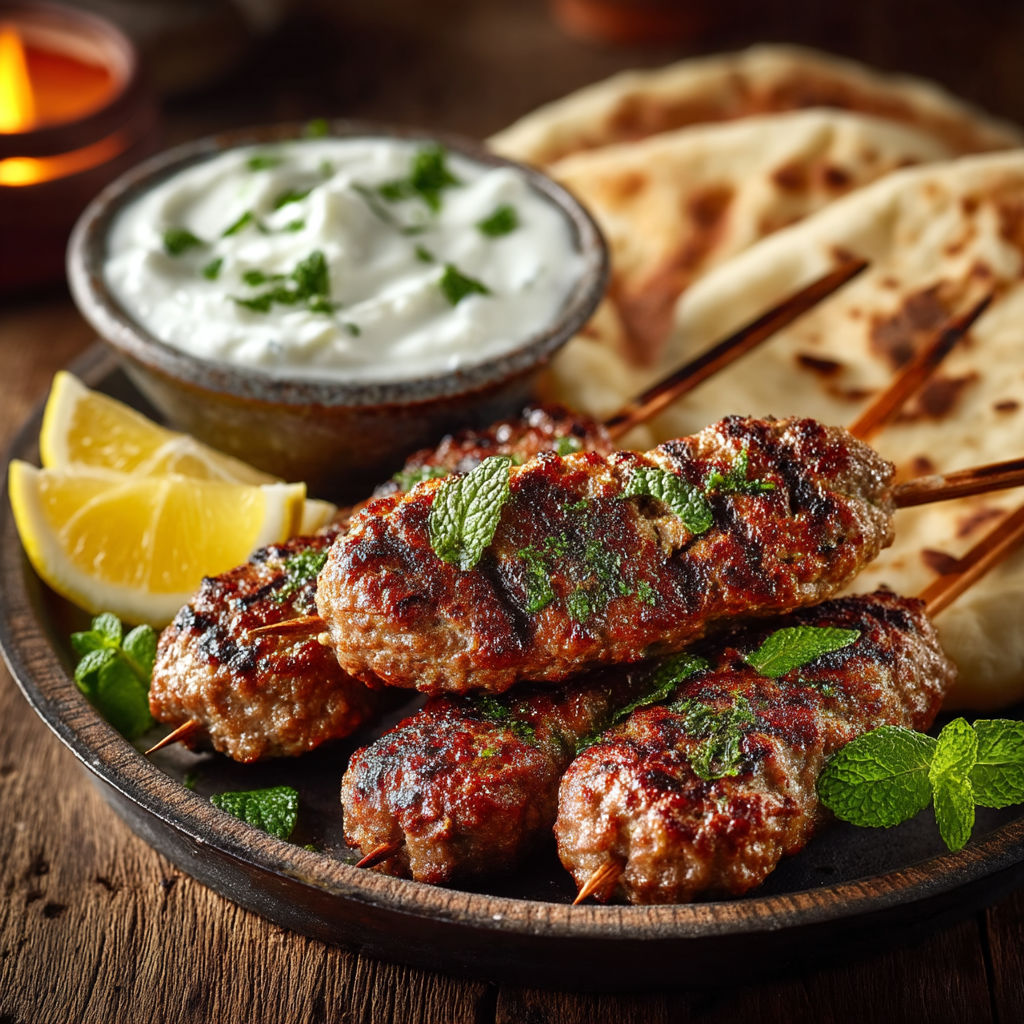 Une assiette de brochettes de viande grillée avec une sauce et des légumes.