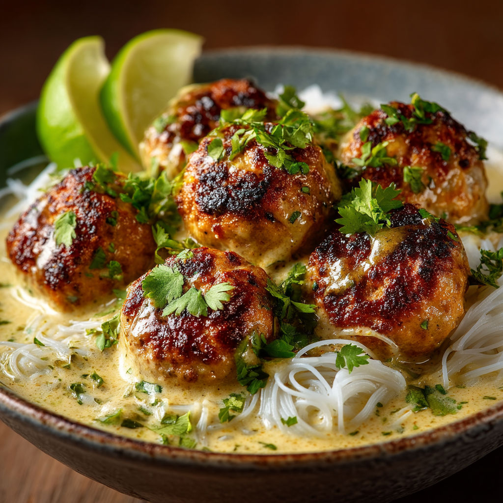 Boulettes de poulet dans un plat de bouillie.