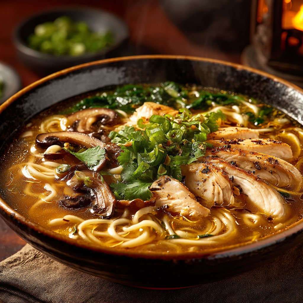 Une soupe chinoise avec des légumes verts et des morceaux de poulet.