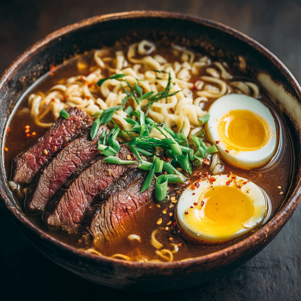 Une assiette de nourriture asiatique contenant du steak, des œufs et des noodles.