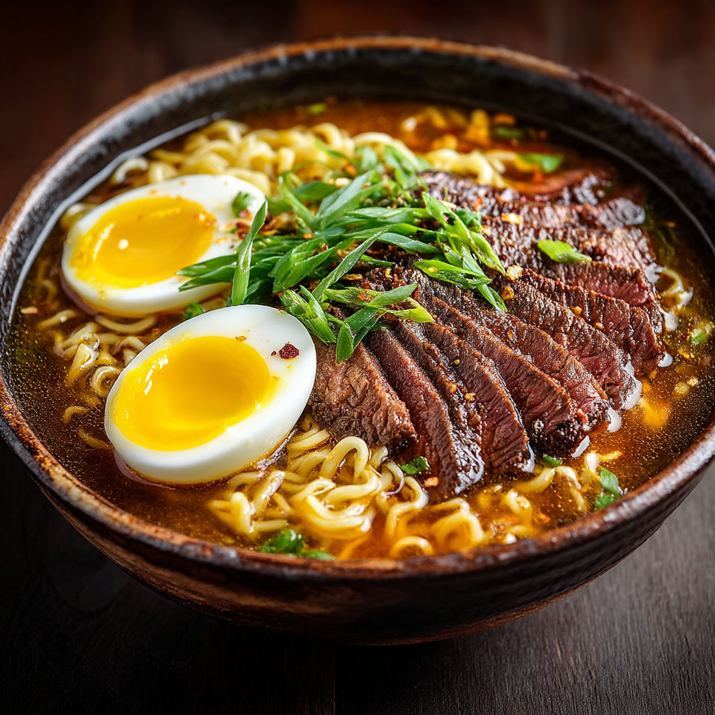 Une soupe de noodles avec des œufs et du bœuf.