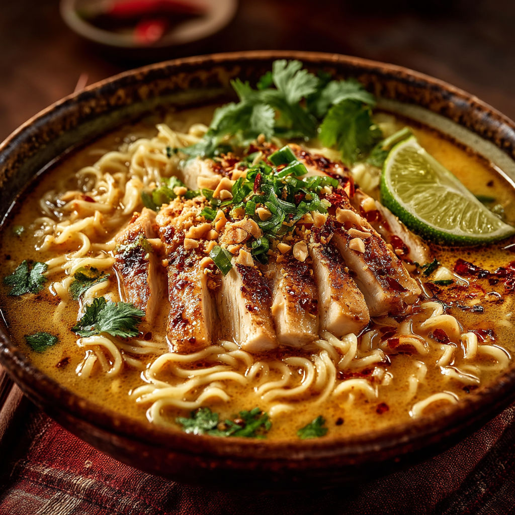 Une assiette de noodles avec des légumes et des viandes.