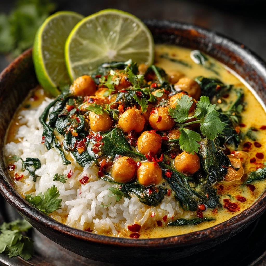 Pois chiches crémeux au coco et riz.