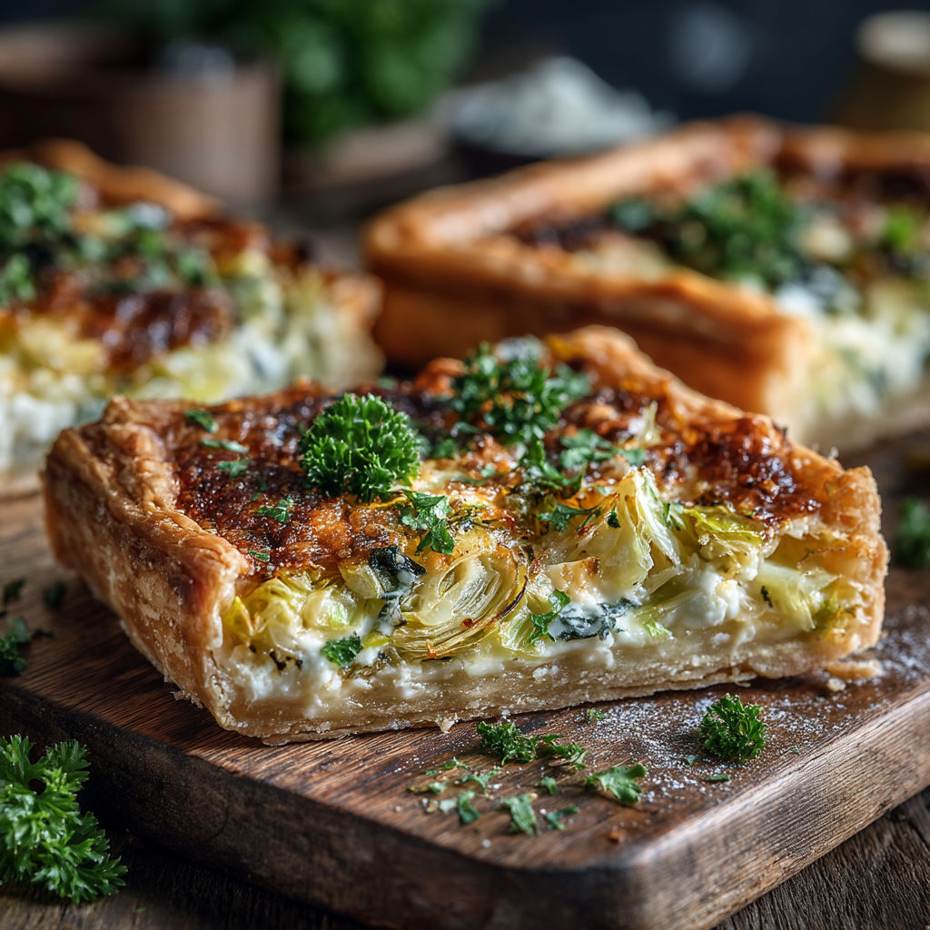 Une tarte aux légumes sur une planche de bois.