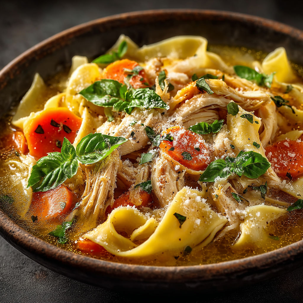 Une soupe chaude avec des pâtes et des légumes.
