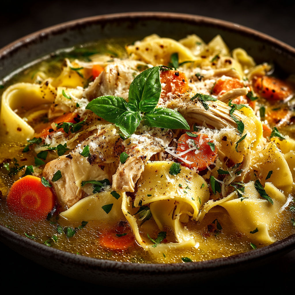 Une soupe de nouilles avec des légumes et des viandes.