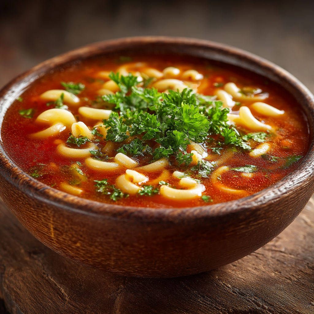 Un bol de soupes avec des pâtes et des herbes.