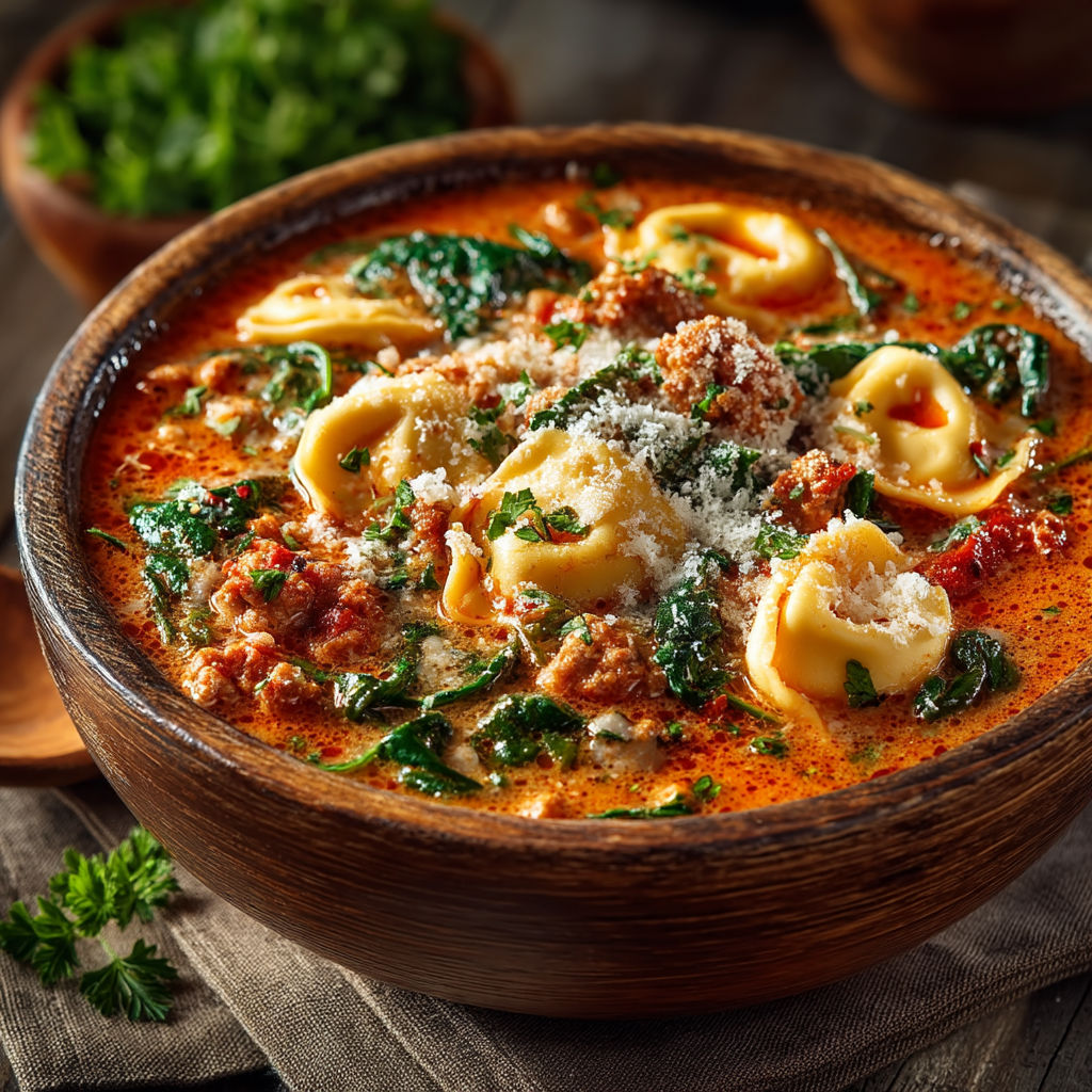 Un bol de soup with pasta and greens.