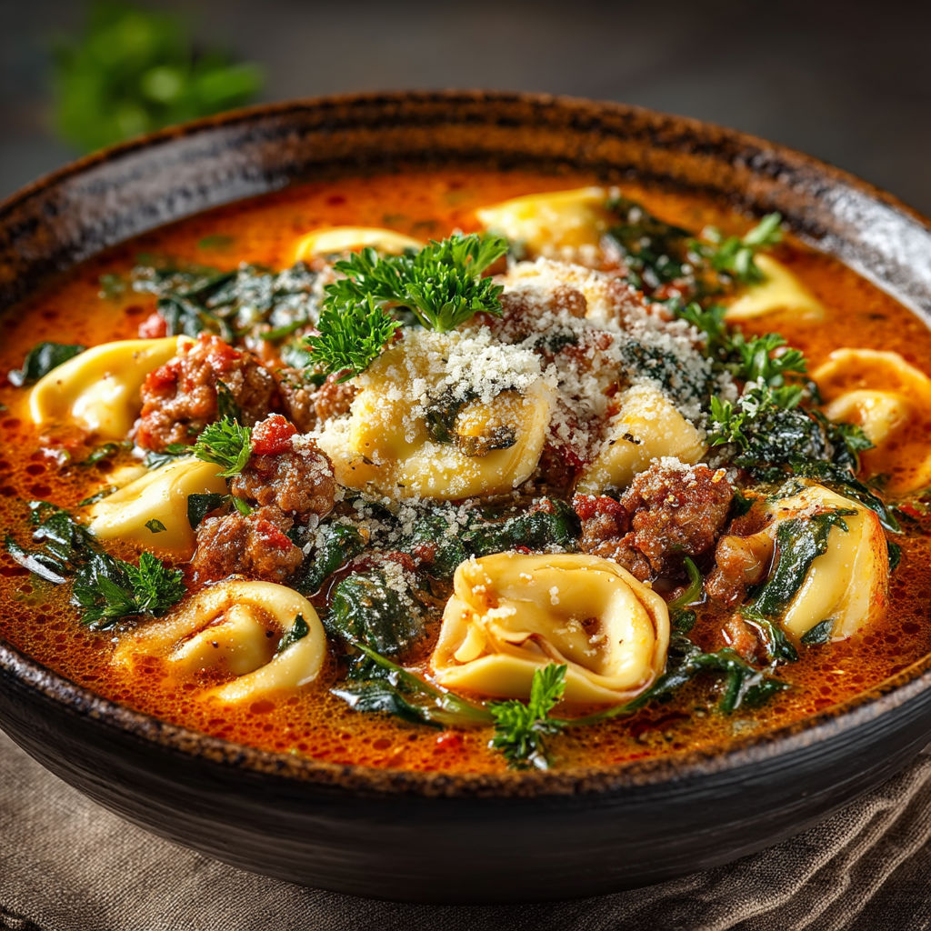 Une soupe chaude avec des pâtes et des herbes.