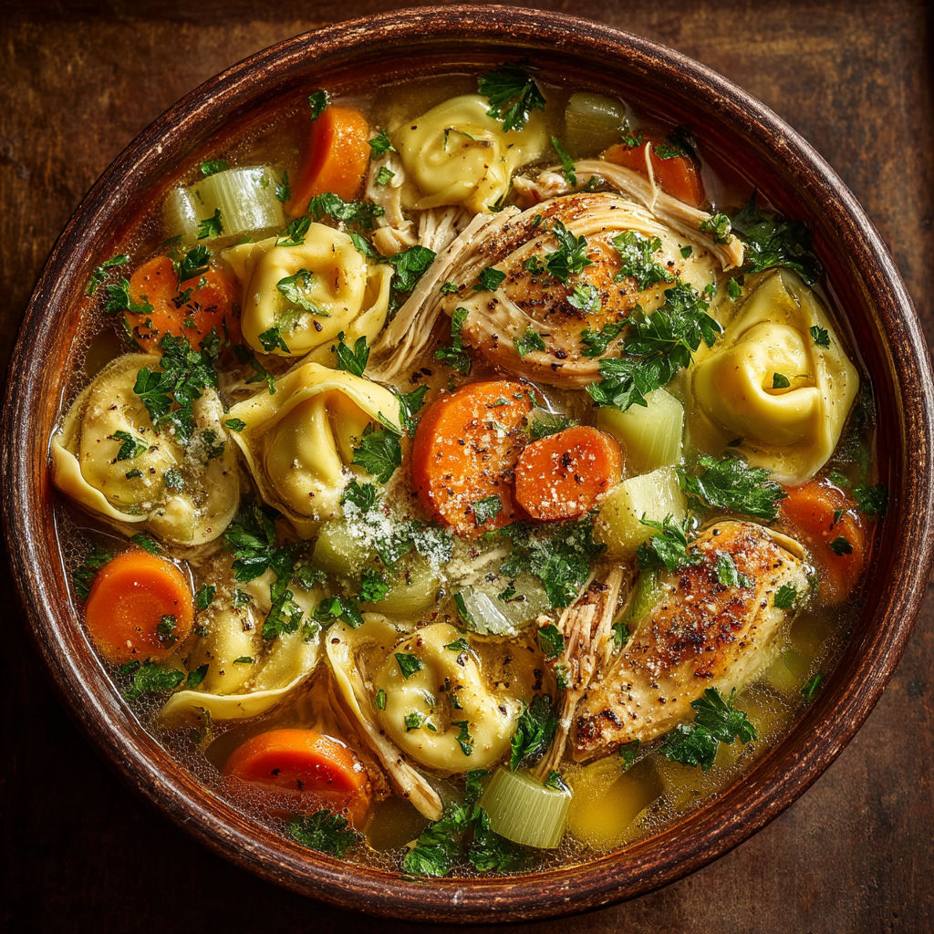Bouillon de tortellini, légumes et poulet.