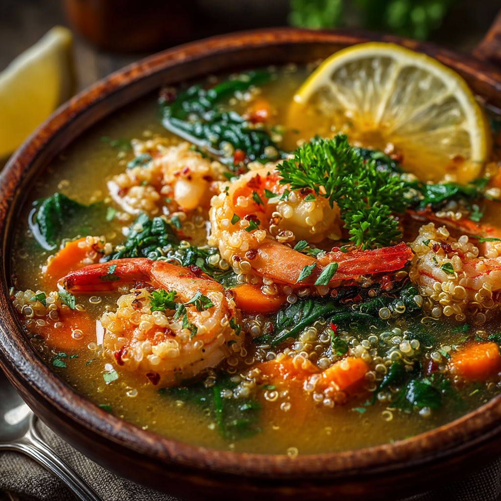 Une soupe de crevettes et de légumes dans un bol.