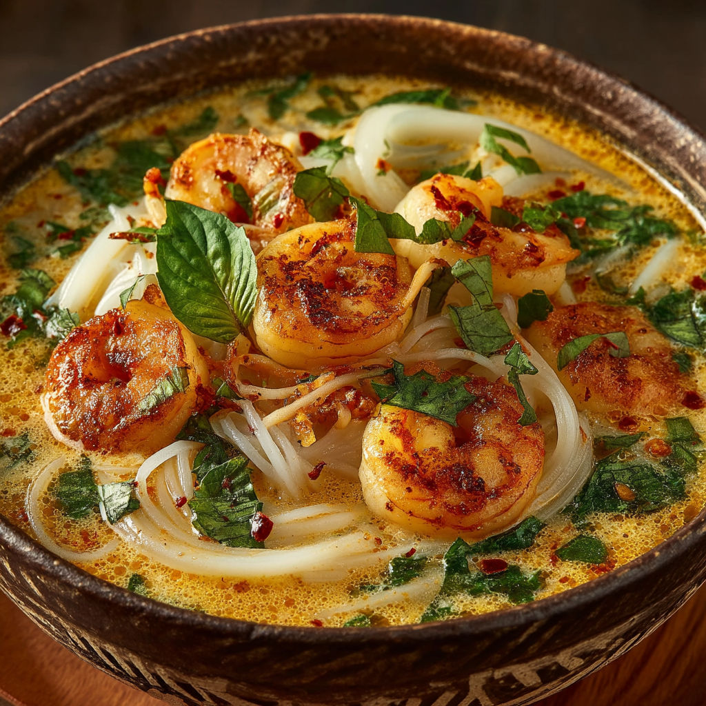 Shrimp in a bowl of soup.