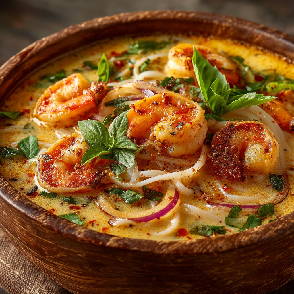 Un bol de soupes avec des crevettes et des herbes.