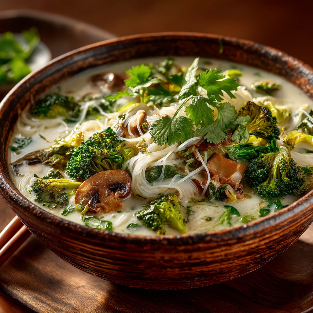 Une assiette de soupe contenant des légumes et des noodles.