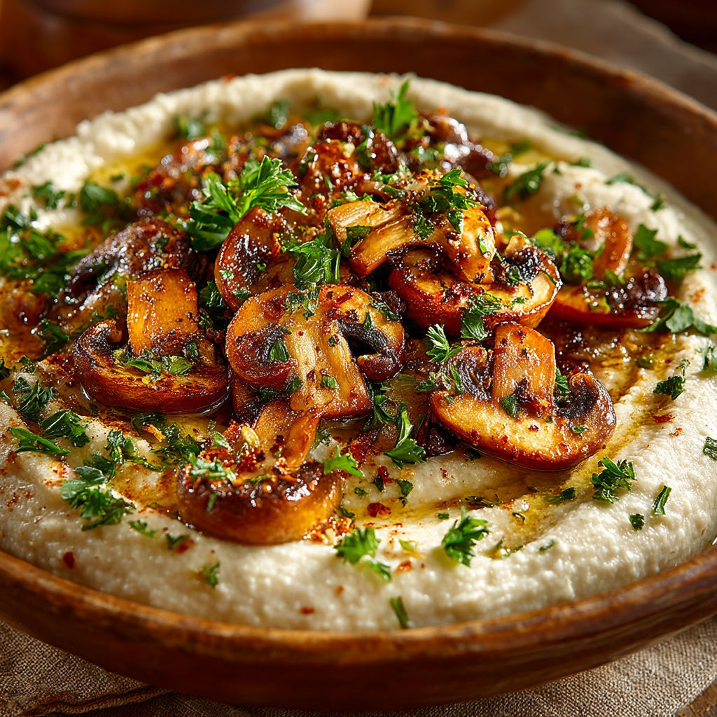 Un plat de champignons et purée de haricots blancs.