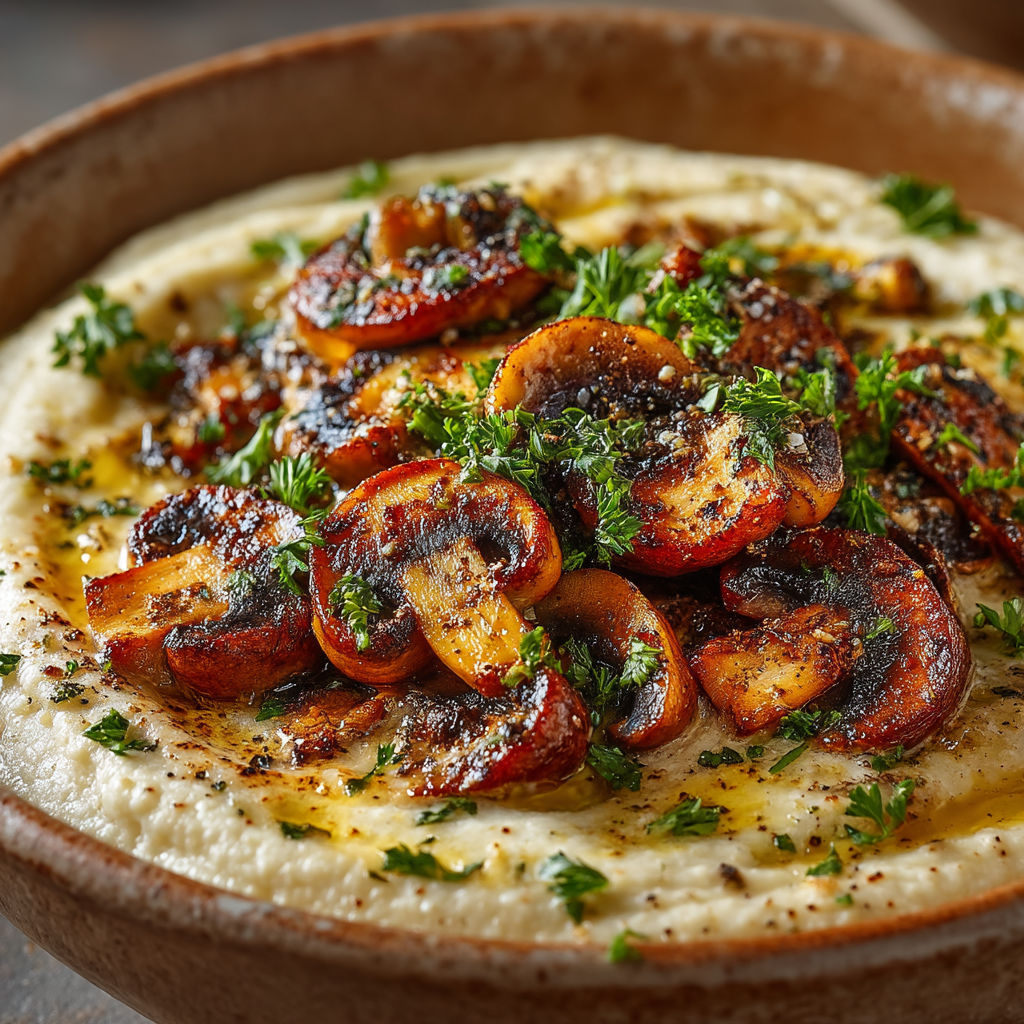 Une assiette de hummus avec des fruits et des herbes.