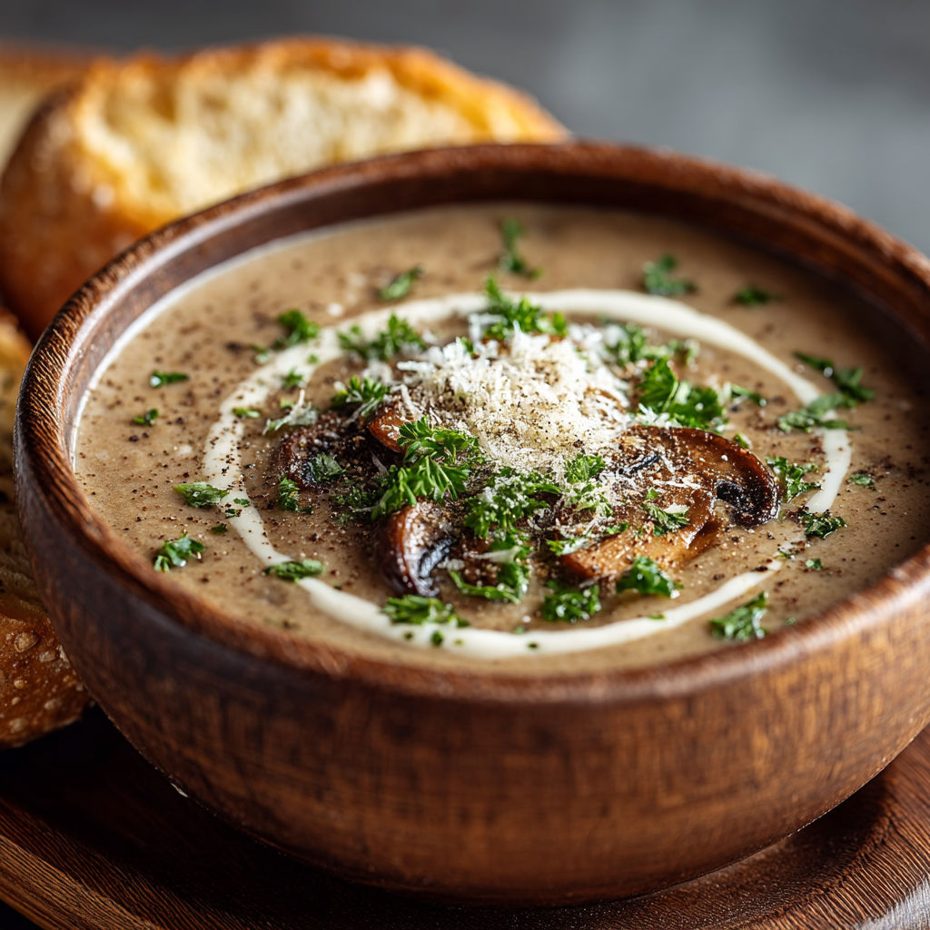 Une soupe chaude avec des herbes et du parmesan.