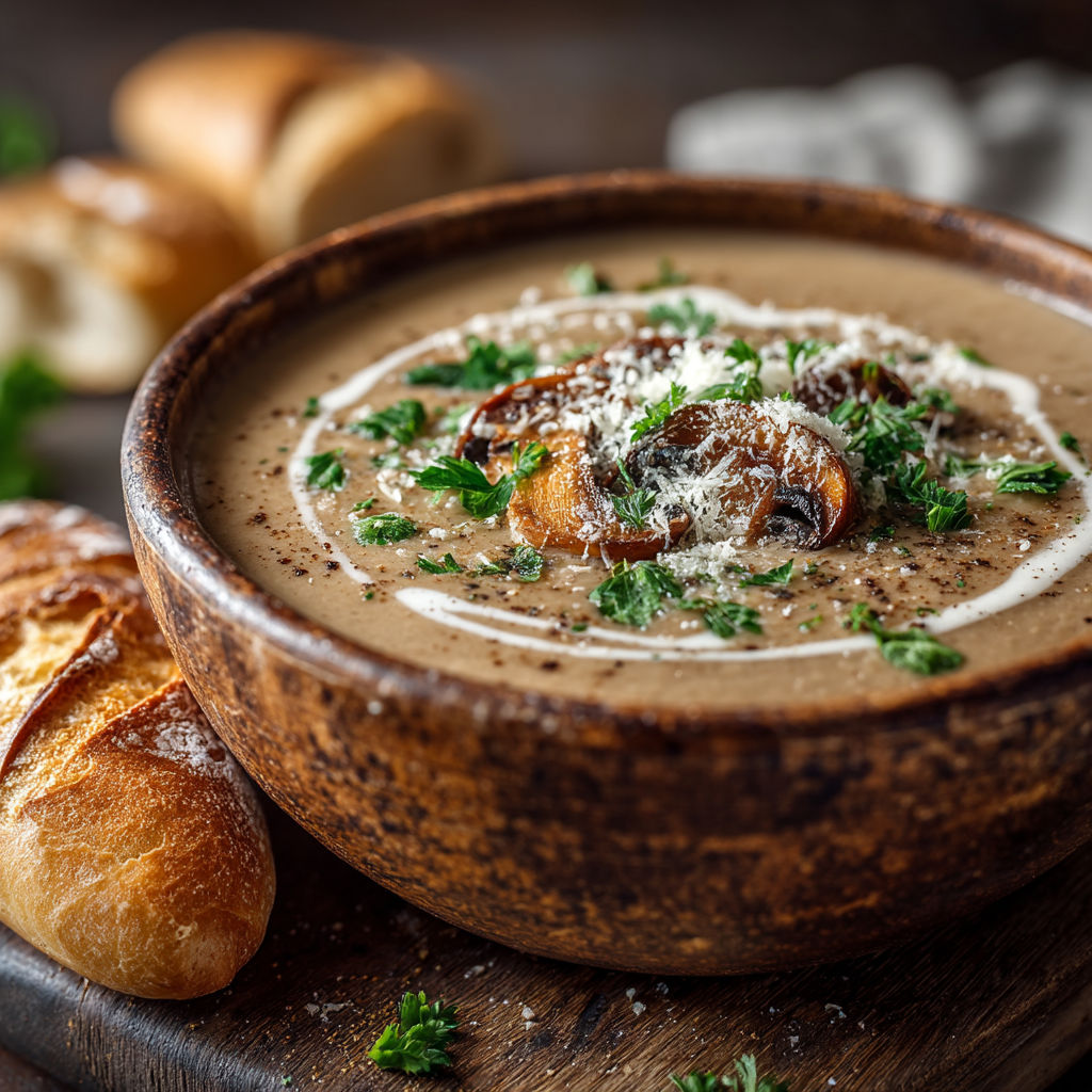 Une soupe chaude avec des herbes et des tranches de pain.