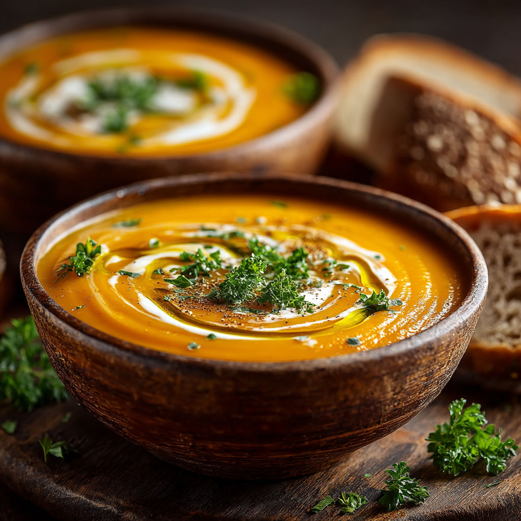 Une assiette de soupes et un pain.