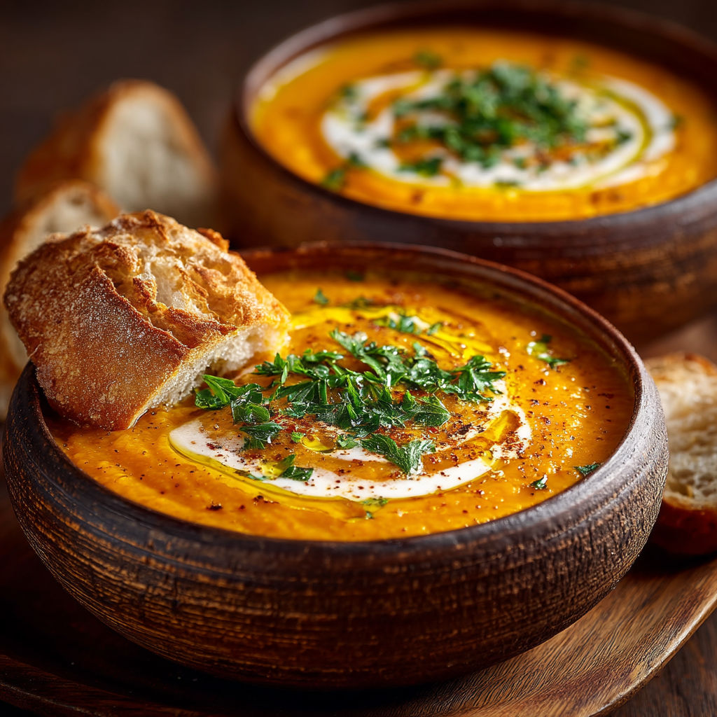 Une soupe chaude avec des herbes et du fromage.