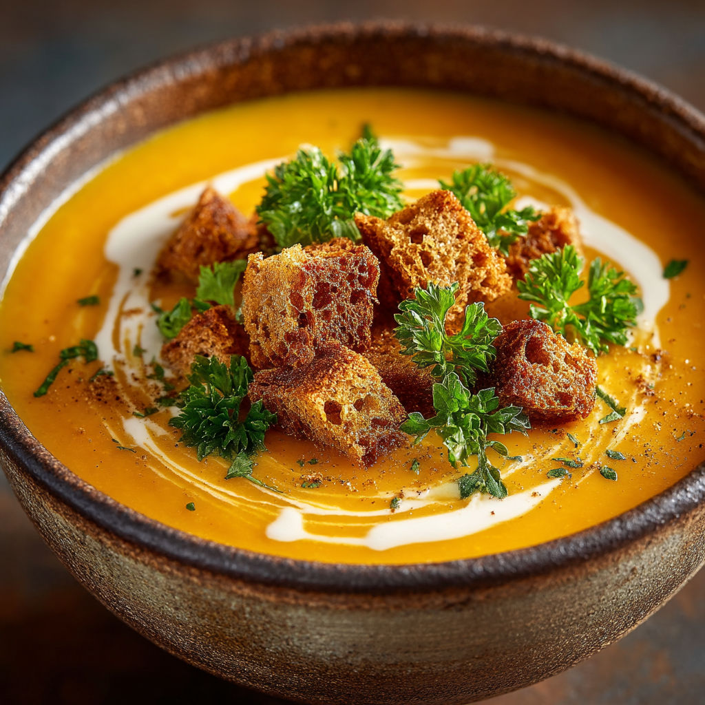 Une tasse de soupes avec des herbes et des croutons.