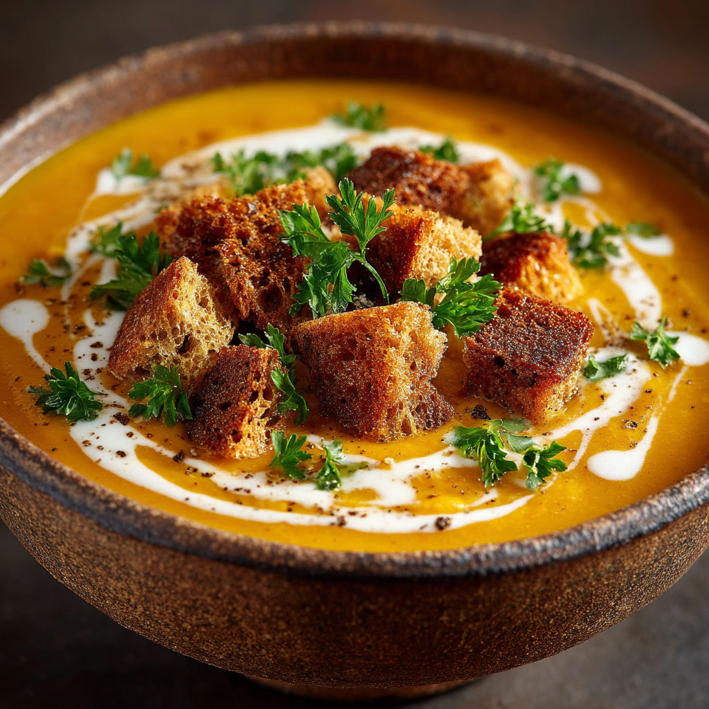 Une soupe chaude avec des croûtes de pain et des herbes.