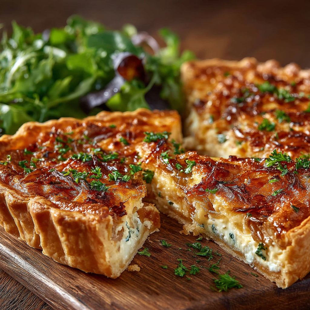 Une tarte aux pommes est servie avec une salade verte.