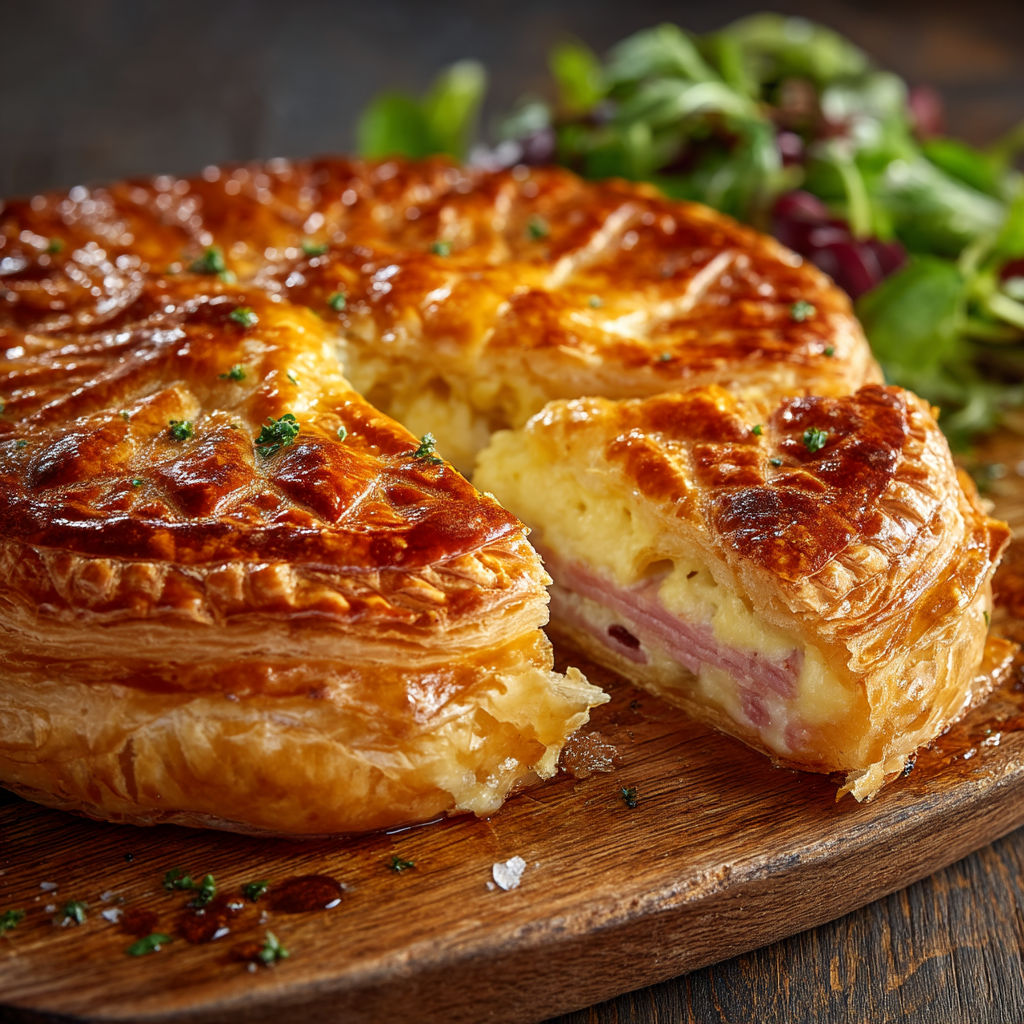 Une tranche de feuilleté au jambon et fromage.