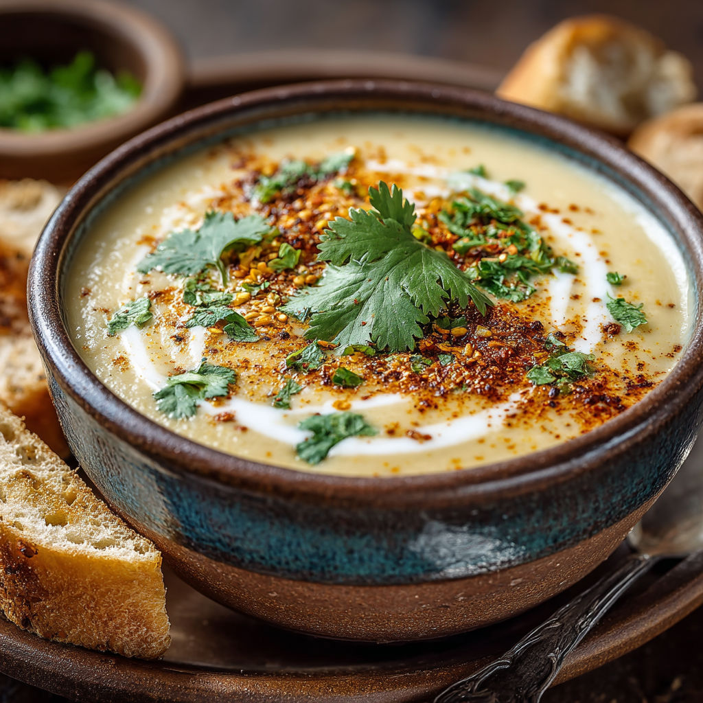 Une assiette de soupes et de pain grillé.