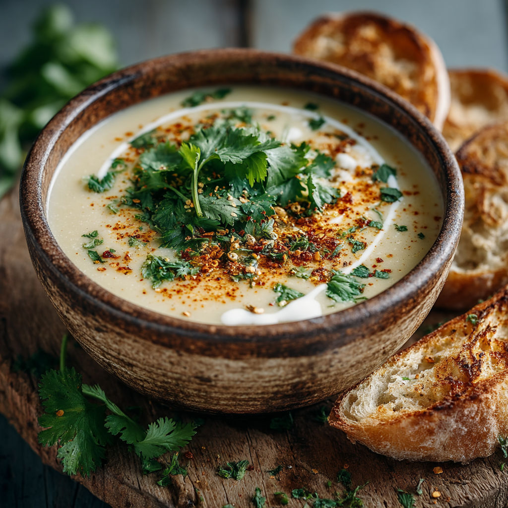 Une assiette de soupes avec des herbes et des tranches de pain.